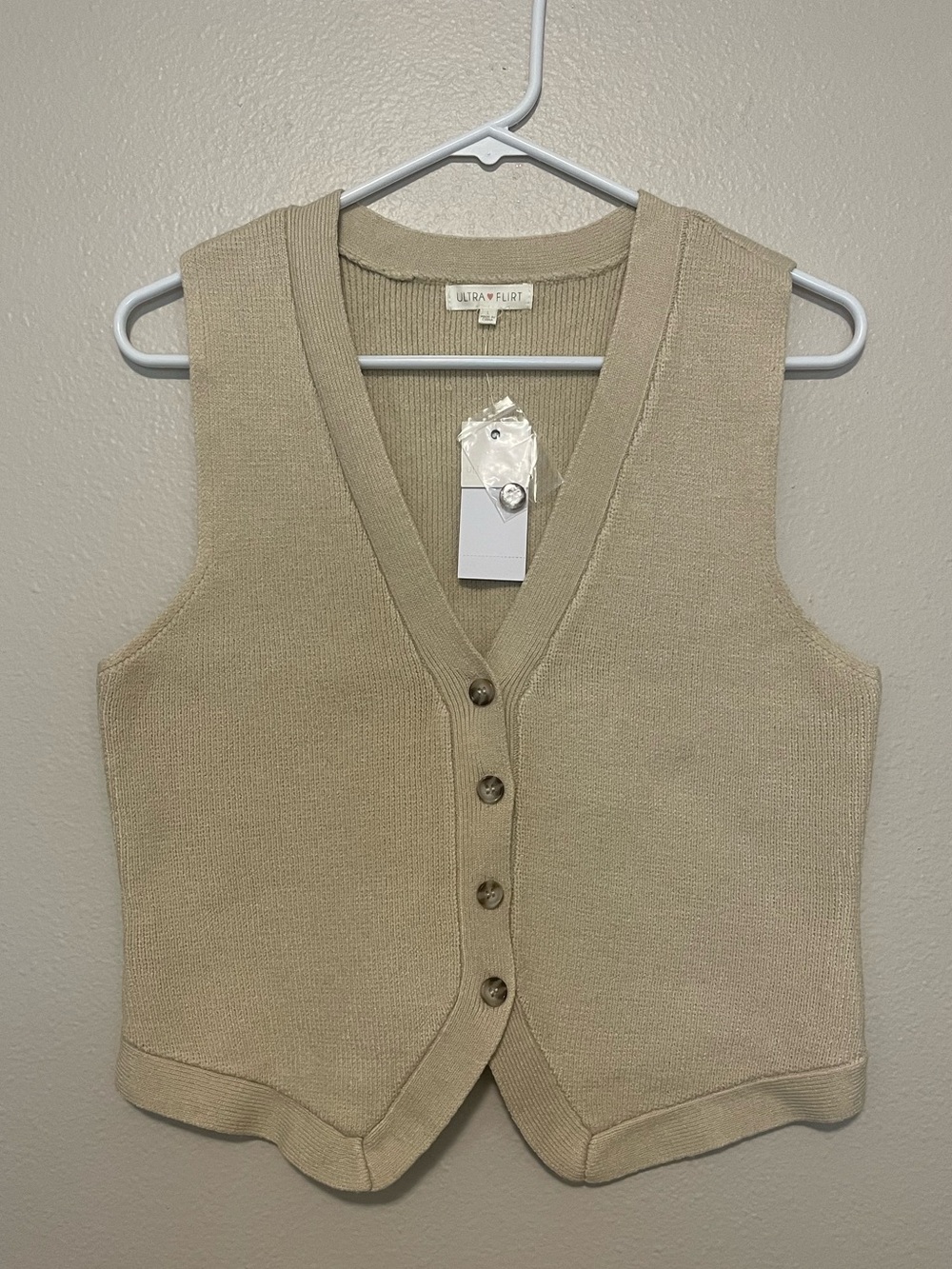 Ultra Flirt Beige V-Neck Button-Front Knit Vest